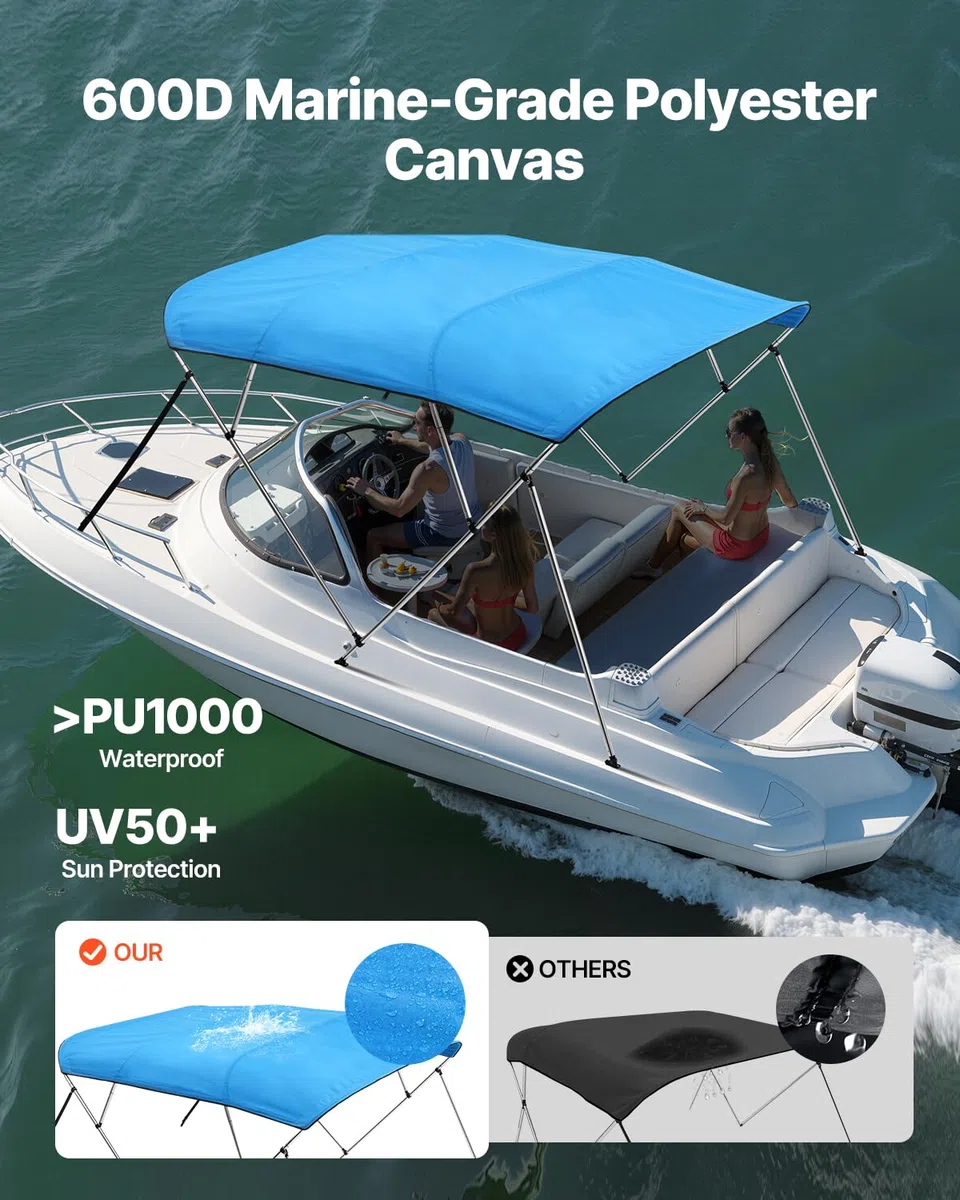 VEVOR Bimini Top Bootsabdeckung Sonnenverdeck (4 Bögen) aus 600D Polyester mit Rahmen aus Aluminiumlegierung, wasserdichte Sonnenschutz-Bootsmarkise mit Aufbewahrungstasche, 170-183 cm (B) Blau