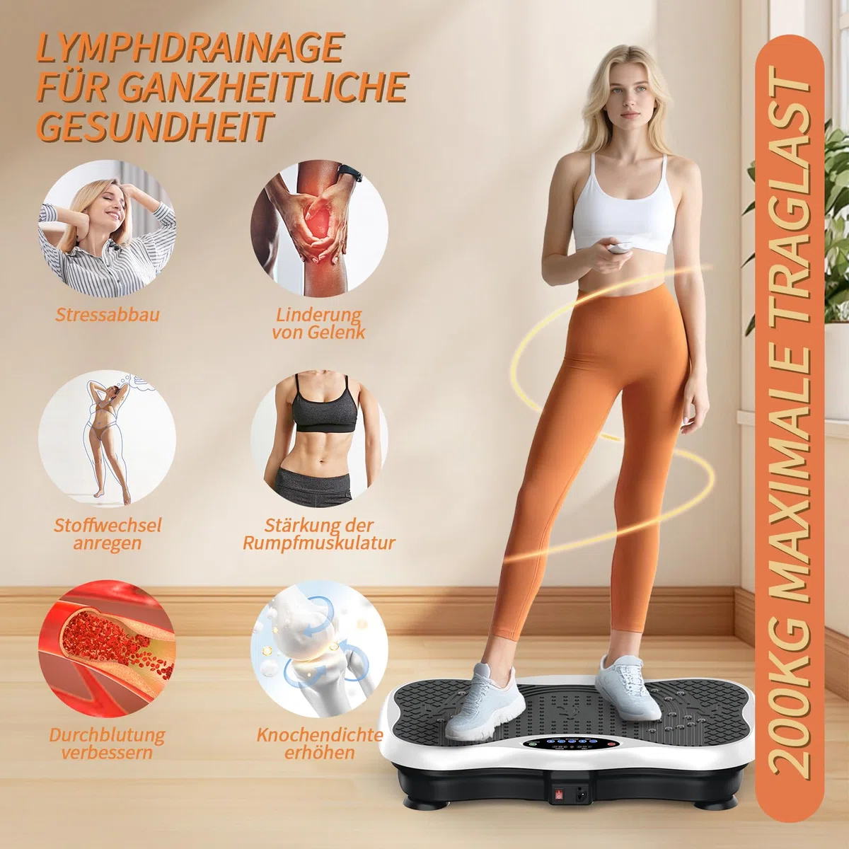 Vibrationsplatte, Rüttelplatte für Zuhause, Vibration Plate mit Verstellbaren Haltestange, Fernbedienung und Spannseil, Vibro Shaper mit Bluetooth-Lautsprecher für Ganzkörpertraining