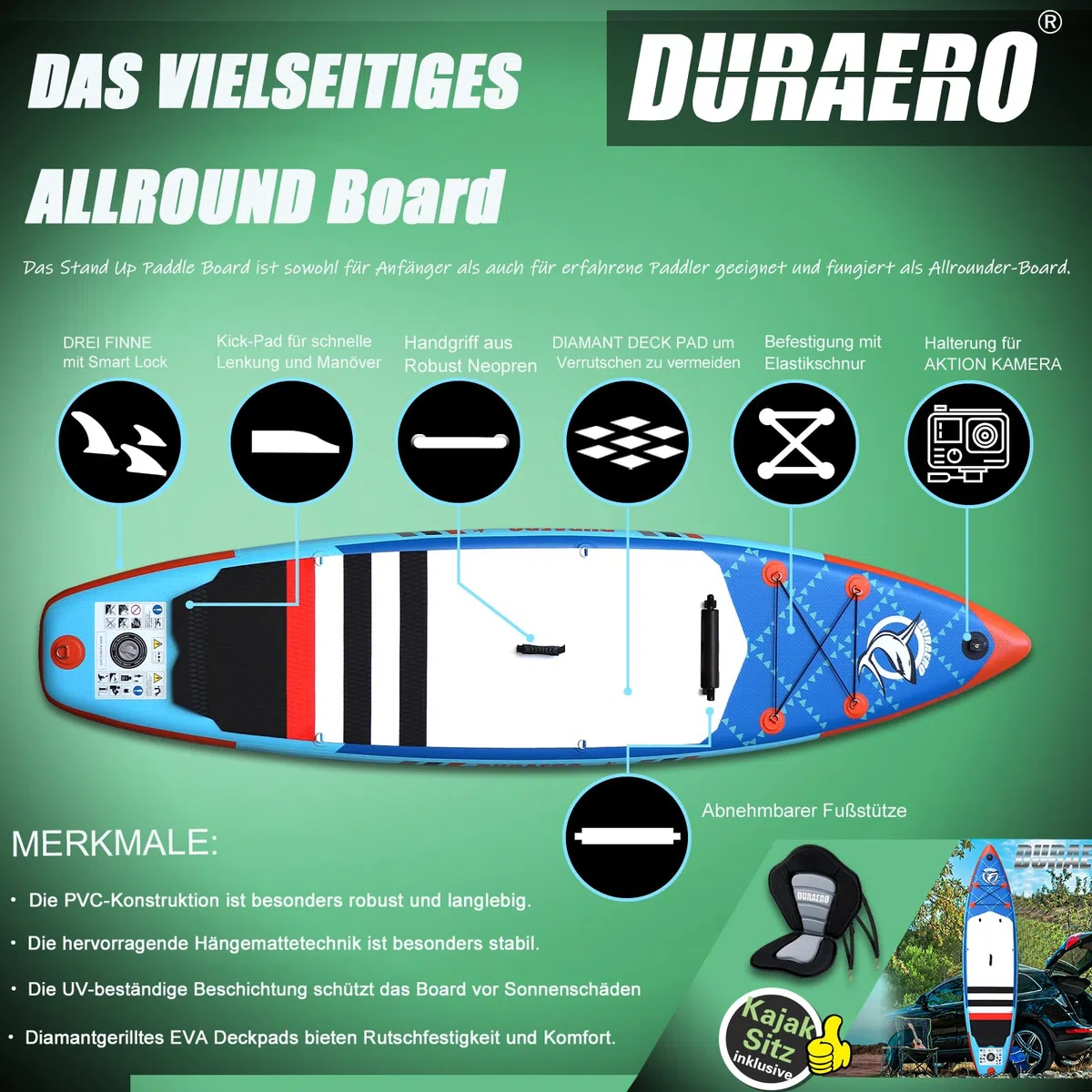 Stand up Paddling Board Aufblasbare SUP Board Set, inkl. Kajak Sitz, Cam Halterung, Integrierte Kick-Pad, 3 Finnen, Verstellbares Doppel-Paddel, Komplettes Zubehör, 330x76x15cm, Tragkraft bis 150Kg