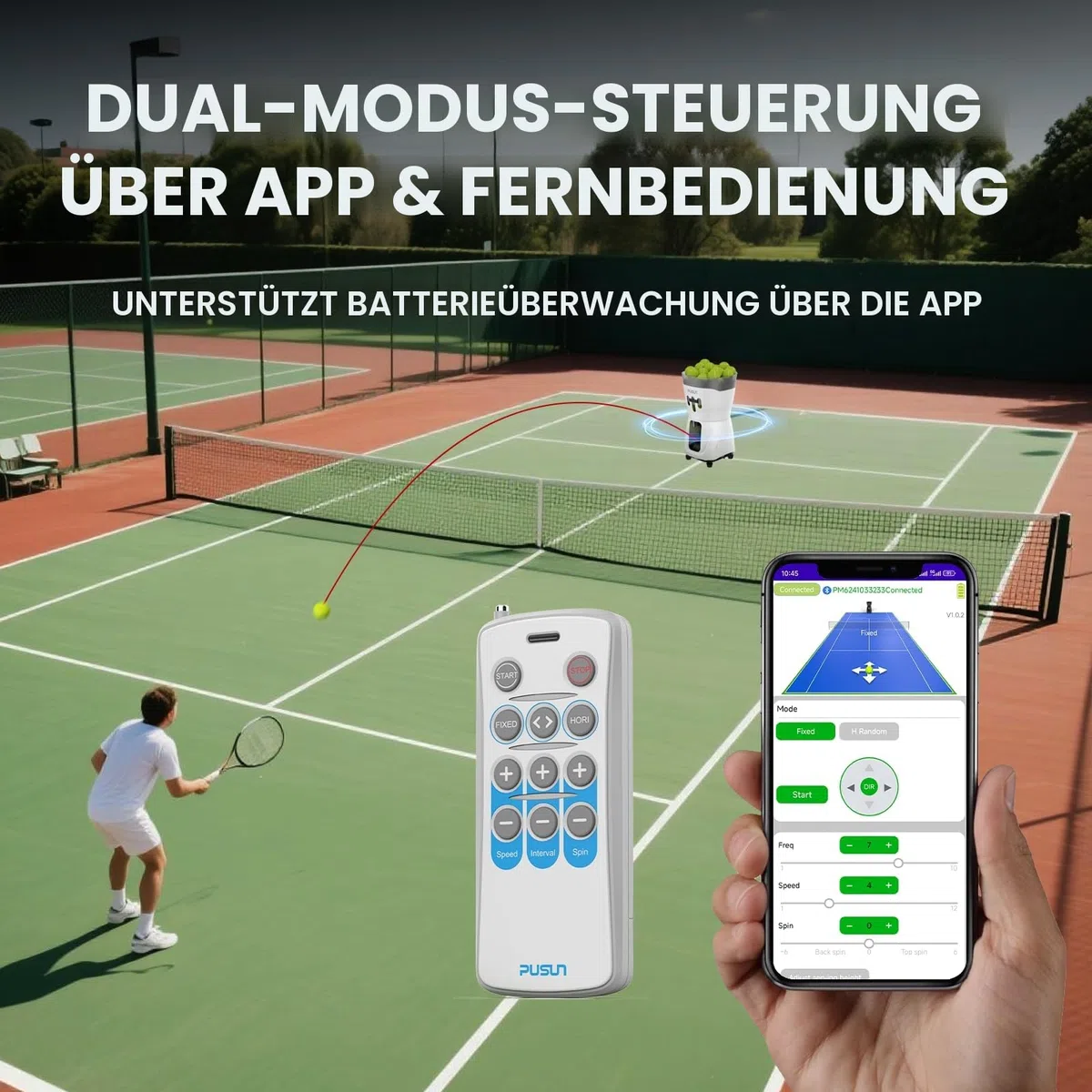PUSUN PT-Mini-Tennisball-Maschine, tragbar, unterstützt App und Fernbedienung, hält 65+ Bälle, einfach zu bedienen